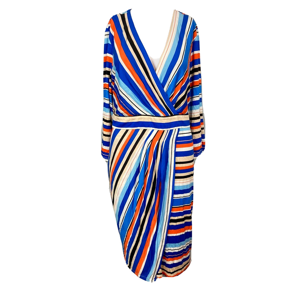 NWT Monroe & Main Dress‎ Womens Sz L Blue Orange Striped Jersey Knit Faux Wrap
